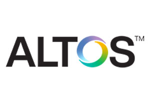 Black ATLOS text with the O represented by a multicoloured swirl