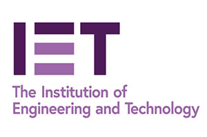 Purple IET logo with text, Institution of Engineering and Technology below