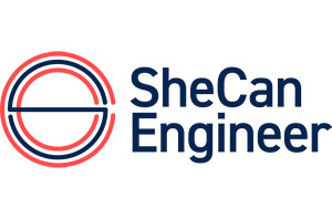 Stylised S in black with red around it with text She Can Engineer to the right