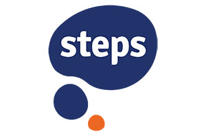 Blue blob with white Steps text with a smaller blue and orange blob below